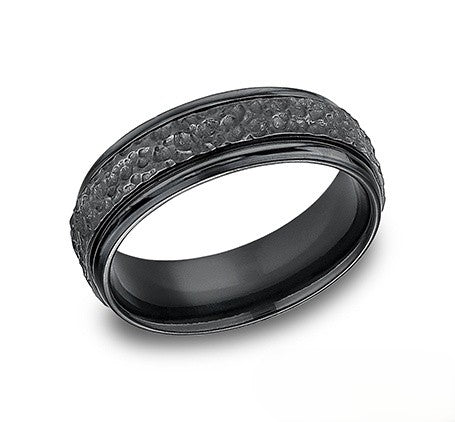 The Onyx Black Titanium Ring with Hammered Finish  7mm Forged Union