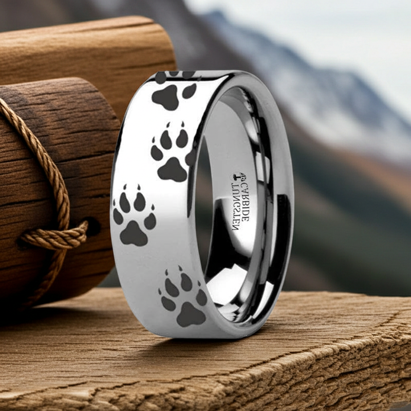 Animal Track Wolf Print Ring Engraved Flat Tungsten Polished 6mm or 8mm