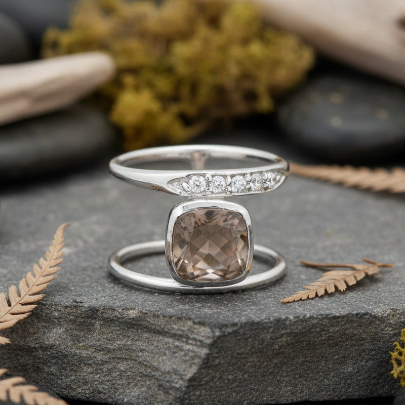 Sterling Silver Rhodium Plated Grey Moonstone and CZ Ring Forged Union