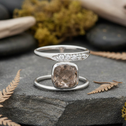 Sterling Silver Rhodium Plated Grey Moonstone and CZ Ring Forged Union