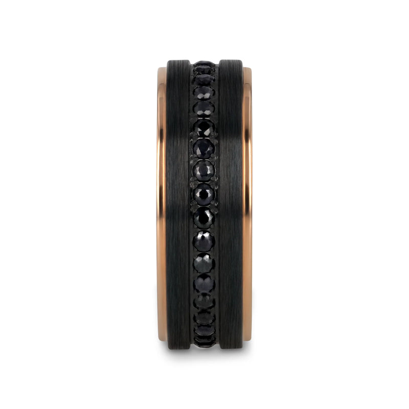 Astro Flat Brushed Titanium Ring with Rose Gold Edge and Black Sapphire 8mm