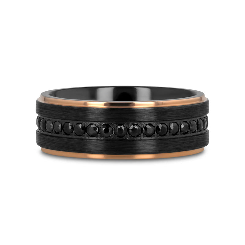 Astro Flat Brushed Titanium Ring with Rose Gold Edge and Black Sapphire 8mm