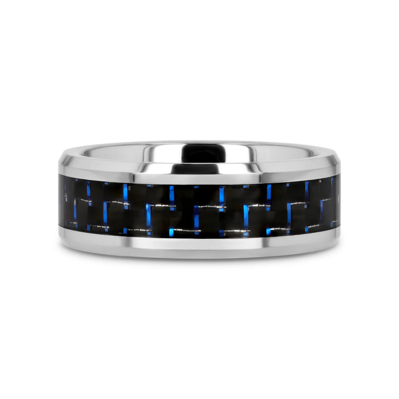 Auxilius Men's Black & Blue Carbon Fiber Inlay Tungsten Carbide Ring 8mm