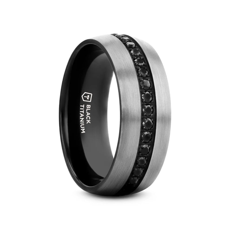 Aviator Domed Brushed Titanium Men's Band Black Sapphire Stones Inlay Ring 8mm