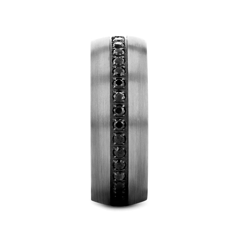 Aviator Domed Brushed Titanium Men's Band Black Sapphire Stones Inlay Ring 8mm