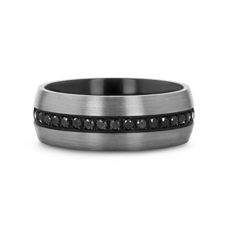 Aviator Domed Brushed Titanium Men's Band Black Sapphire Stones Inlay Ring 8mm