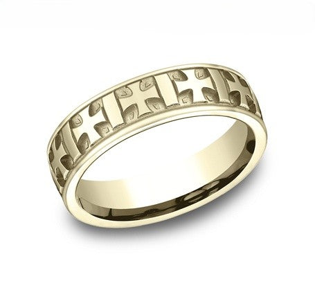 The Crossing 18K Yellow Gold Band Carved Crosses Polished & Brushed Finish 6mm Forged Union