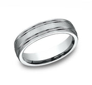 The Novaire Platinum Wedding Ring with Satin Finish and Two Polished Grooves 6mm Forged Union