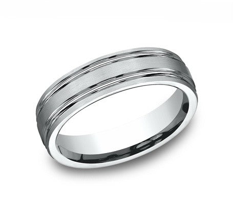 The Novaire Platinum Wedding Ring with Satin Finish and Two Polished Grooves 6mm Forged Union