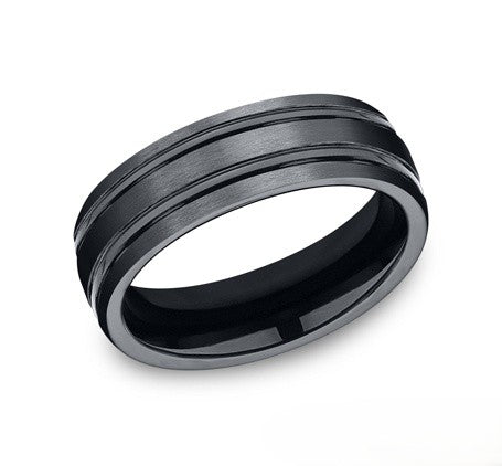 The Zenth Seranite Wedding Ring with Polished Grooves Center 7mm Forged Union