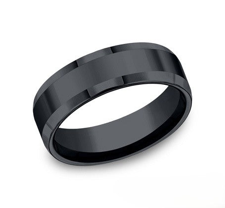 The Nox Black Seranite Wedding Ring with Polished Beveled Edges  7mm Forged Union