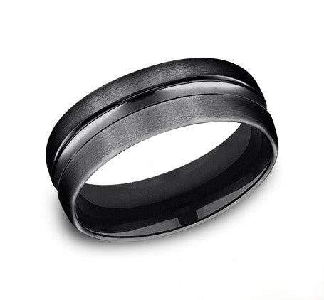 The Harrison Black Titanium Wedding Band with High Polished Center Ridge 7.5mm Forged Union