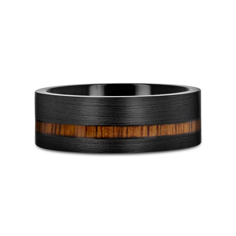 Daring Off-Set Koa Wood Inlaid Black Titanium Men's Ring Flat Polished Finish 8mm