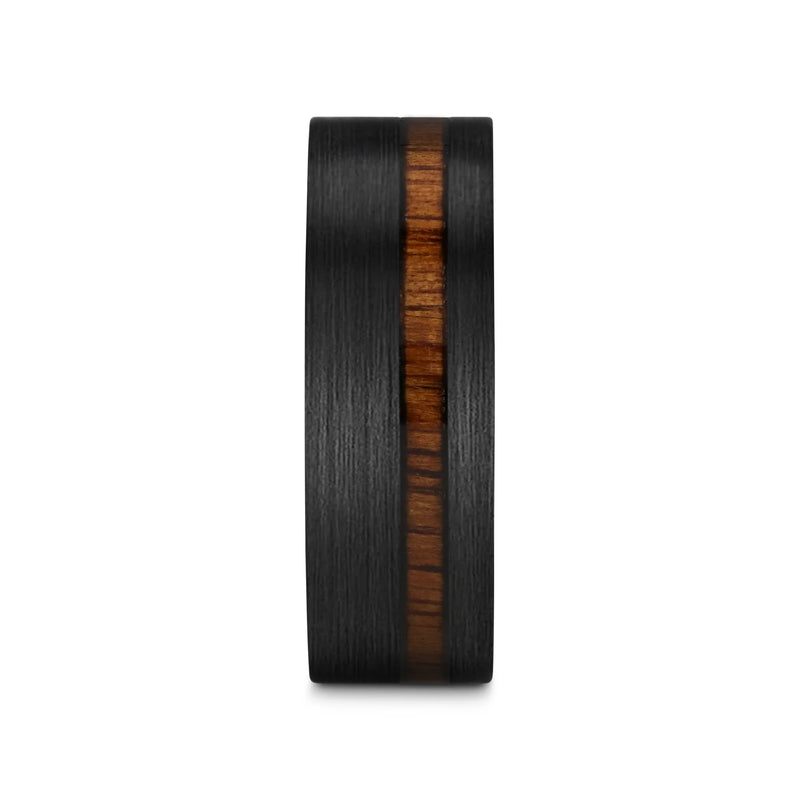 Daring Off-Set Koa Wood Inlaid Black Titanium Men's Ring Flat Polished Finish 8mm