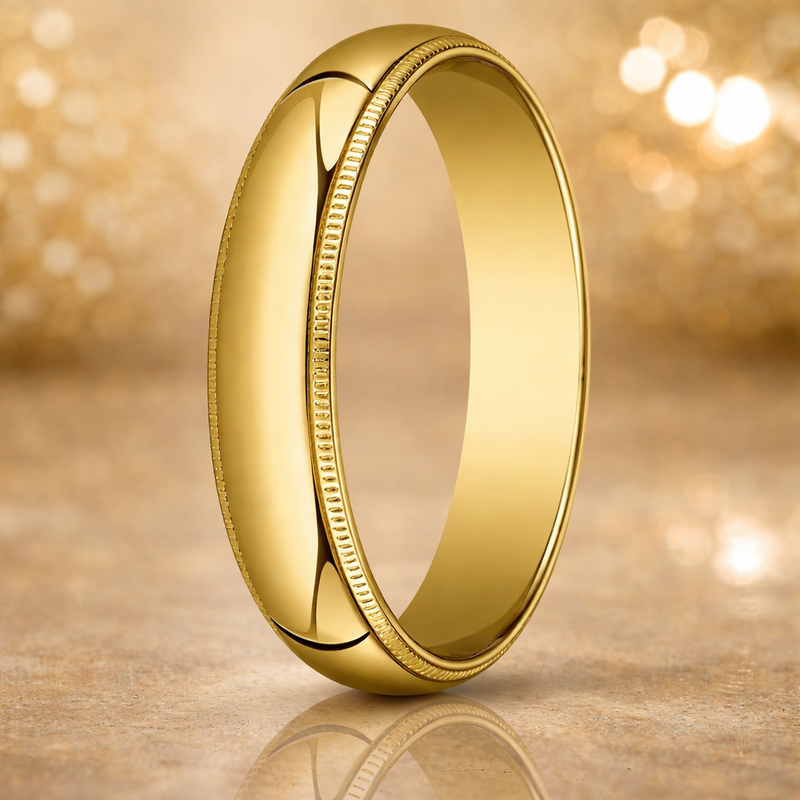 Unity 18K Yellow Gold Wedding Band with Domed Milgrain Polished Finish 8mm