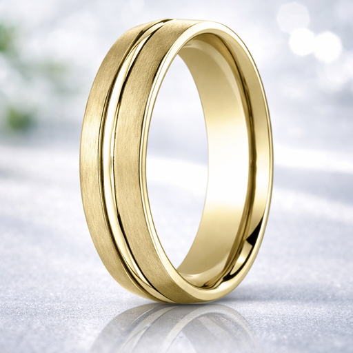 Cut 18K Yellow Gold Wedding Band Cut Center Satin Finish 4mm