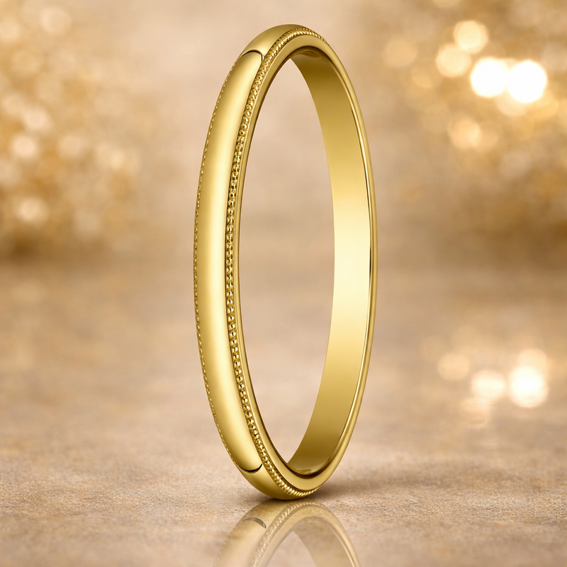 Halo 18K Yellow Gold Wedding Band with Milgrain and Polished Finish  2mm