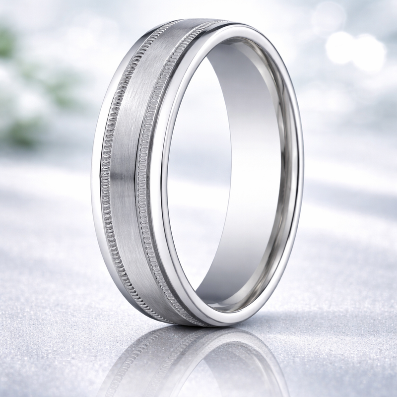 Milgrain 18K White Gold Wedding Band Milgrain Edge and Spun Satin Finish 6mm