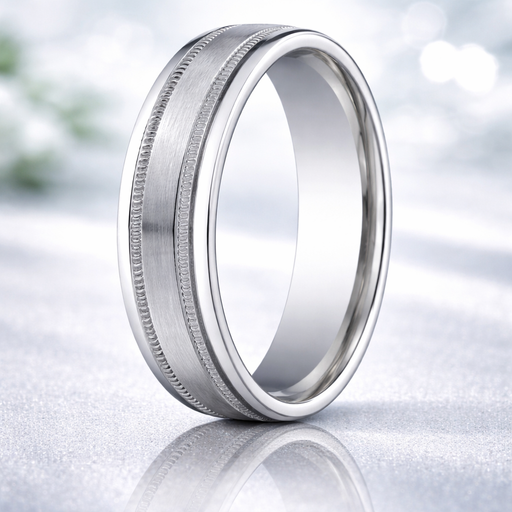 Milgrain 18K White Gold Wedding Band Milgrain Edge and Spun Satin Finish 6mm