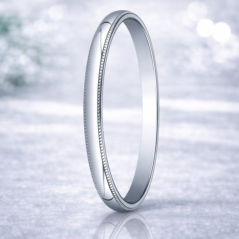 Halo 18K White Gold Wedding Band with Milgrain and Polished Finish 2mm