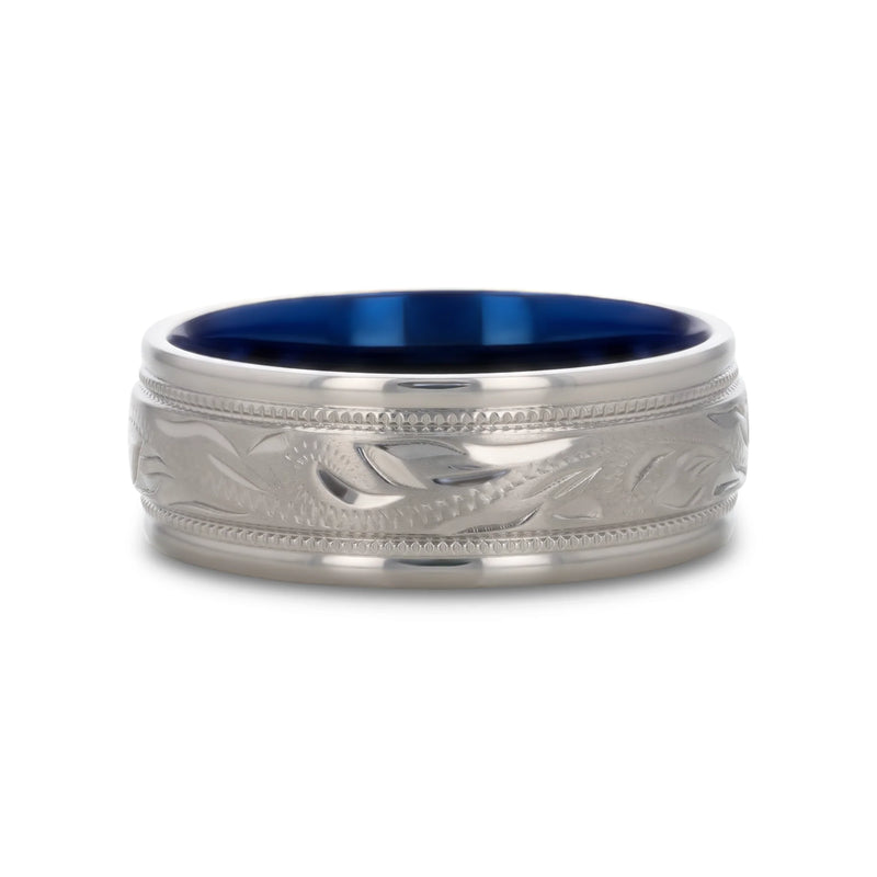 Mariner Titanium Milgrain Engraved Finish Men 's Ring with Blue Plating Inside 8mm
