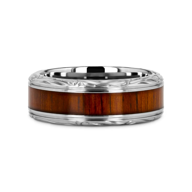 The Ohana Koa Wood Inlaid Titanium Men’s Wedding Ring with Intricate Edges 8mm