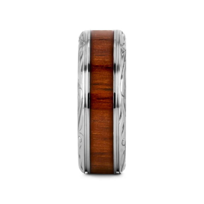 The Ohana Koa Wood Inlaid Titanium Men’s Wedding Ring with Intricate Edges 8mm