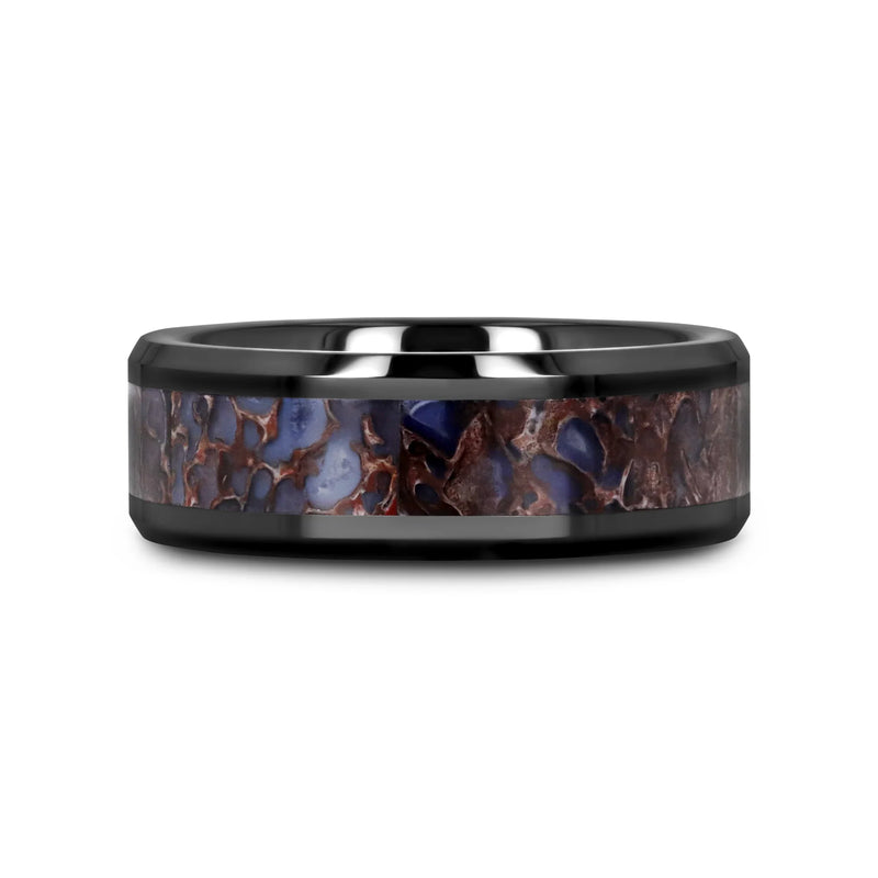 Permian Blue Dinosaur Bone Inlaid Black Ceramic Beveled Edged Ring 8mm