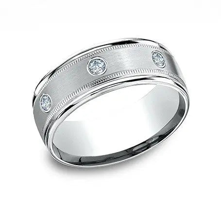 The Crysta Platinum Band With 6 Bezel Set Diamonds Milgrain & Polished Edges 8mm Forged Union