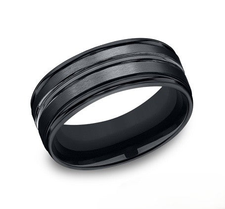 The Ebon Black Seranite Wedding Band with Three Polished Groove Center 8mm Forged Union