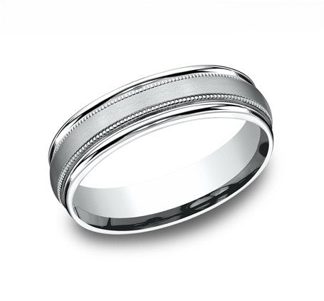 The Milgrain 18K White Gold Wedding Band Milgrain Edge and Spun Satin Finish 6mm Forged Union