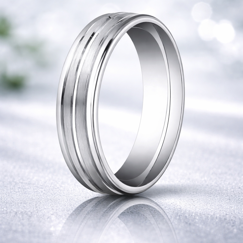 Cut 18K White Gold Wedding Band Center Satin Cut Polished Edges 4mm