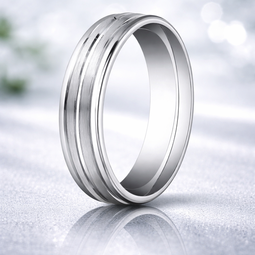 Cut 18K White Gold Wedding Band Center Satin Cut Polished Edges 4mm