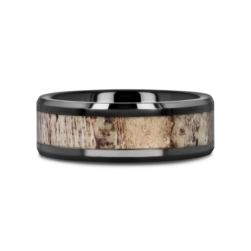 Tres Beveled Black Ceramic Polished Men's Band with Ombre Antler Inlay 8mm