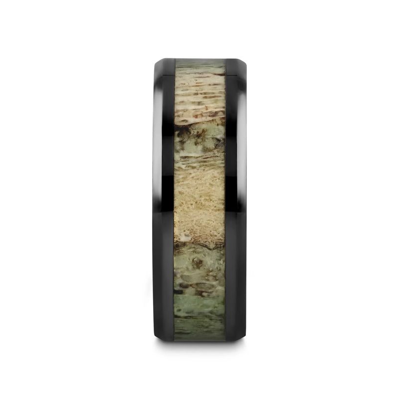 Tres Beveled Black Ceramic Polished Men's Band with Ombre Antler Inlay 8mm