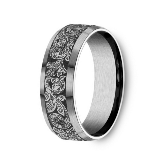 The Ambassador Tantalum Wedding Ring  London Script Center Beveled Edge 7.5mm