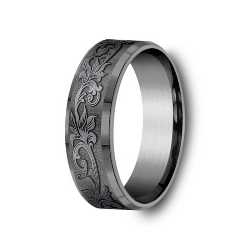 The Dark Royal Dark Tantalum Vintage Script Pattern Center Beveled Edges Ring 7mm