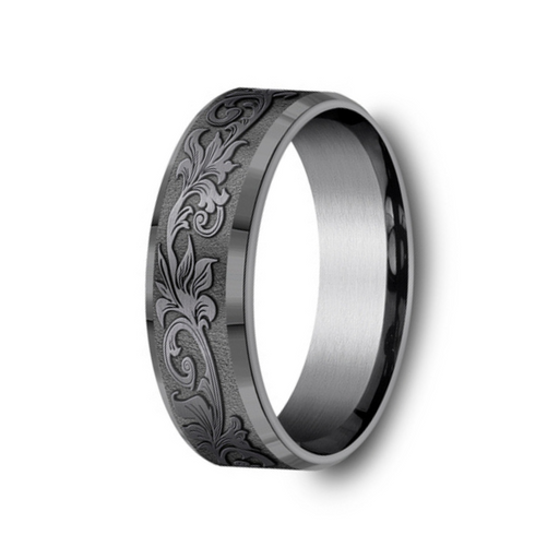 The Dark Royal Dark Tantalum Vintage Script Pattern Center Beveled Edges Ring 7mm