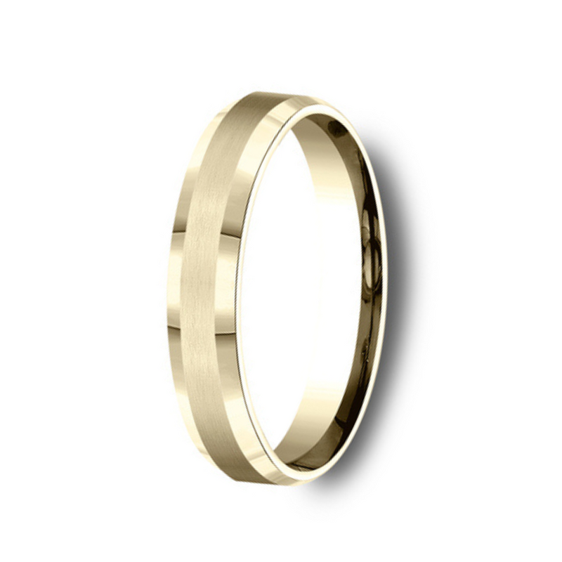 The Suncrest 18K Yellow Gold Wedding Band with Beveled Edge Satin Finish 4 mm Forged Union