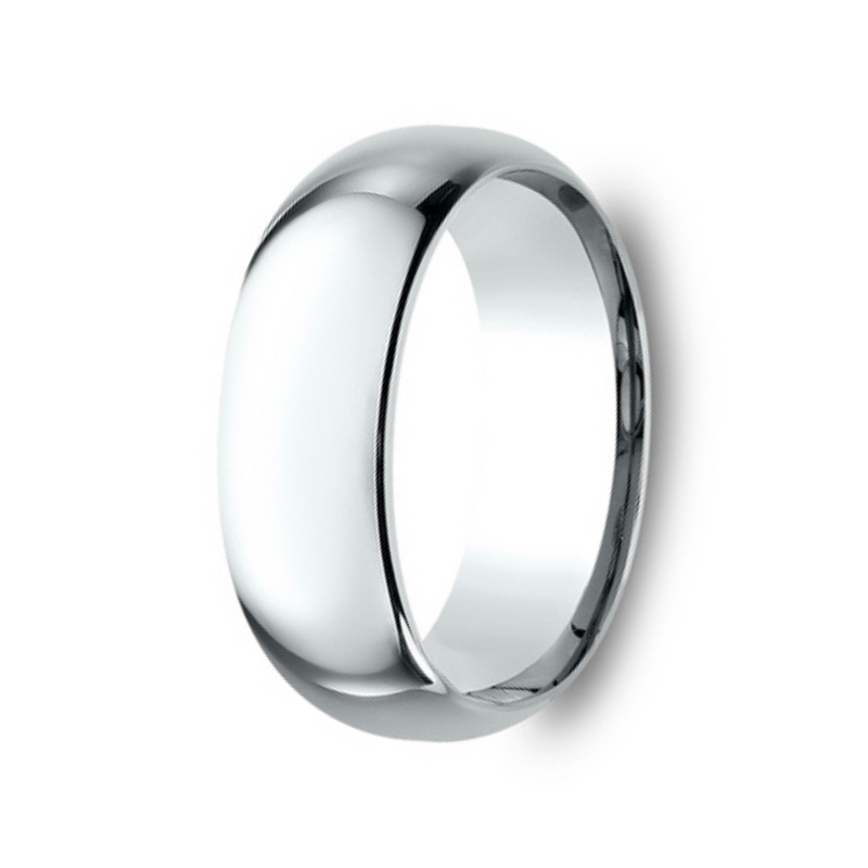 The Lumen 18K White Gold Domed Wedding Band with Polished Finish 8mm Forged Union