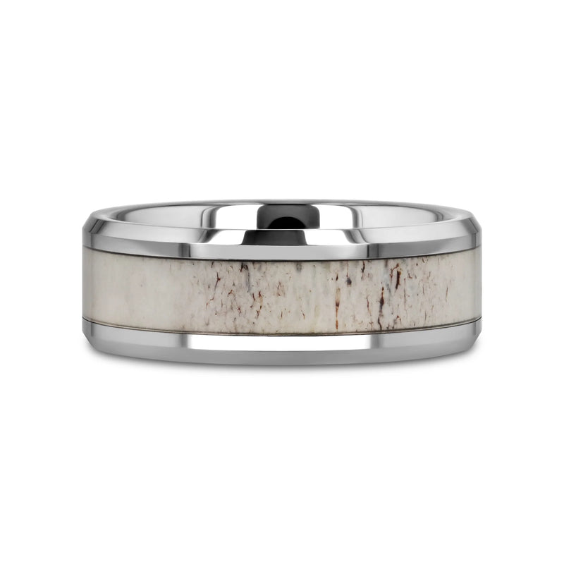 Whitetail Polished Beveled Tungsten Carbide Band with Off White Deer Antler Inlay 8mm