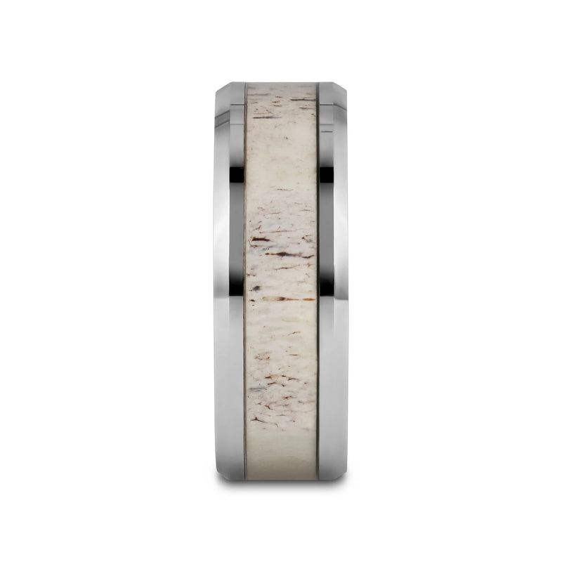 Whitetail Polished Beveled Tungsten Carbide Band with Off White Deer Antler Inlay 8mm