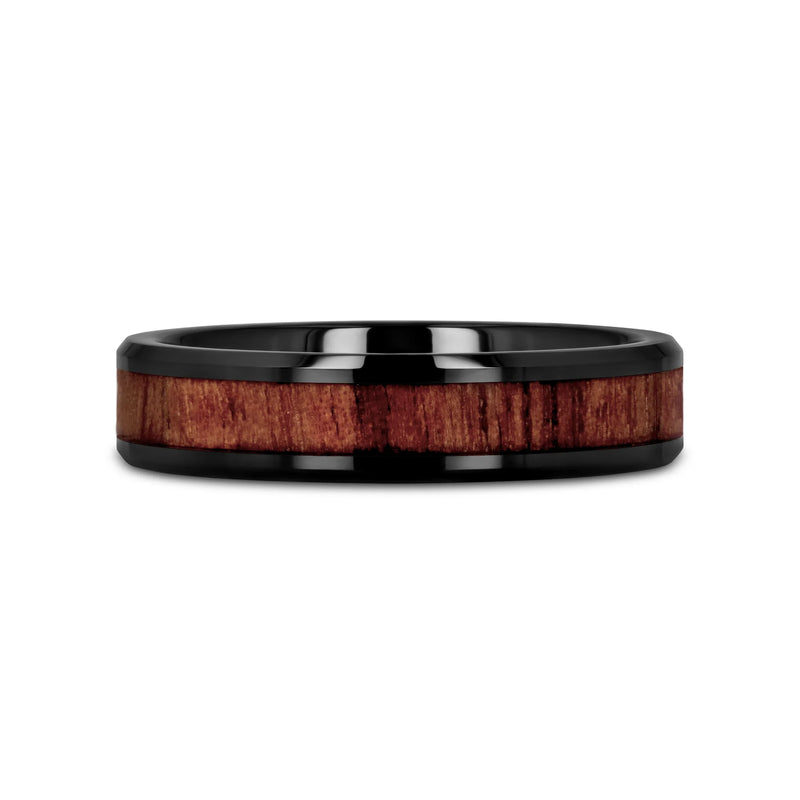 Yukon Beveled Black Ceramic Ring with Black Walnut Wood Inlay 6mm