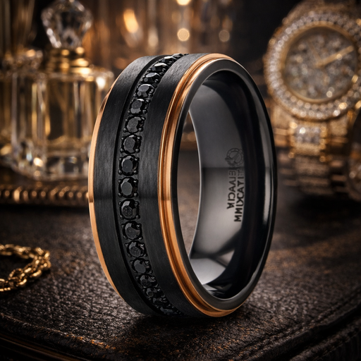 Astro Flat Brushed Titanium Ring with Rose Gold Edge and Black Sapphire 8mm