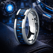 Auxilius Men's Black & Blue Carbon Fiber Inlay Tungsten Carbide Ring 8mm