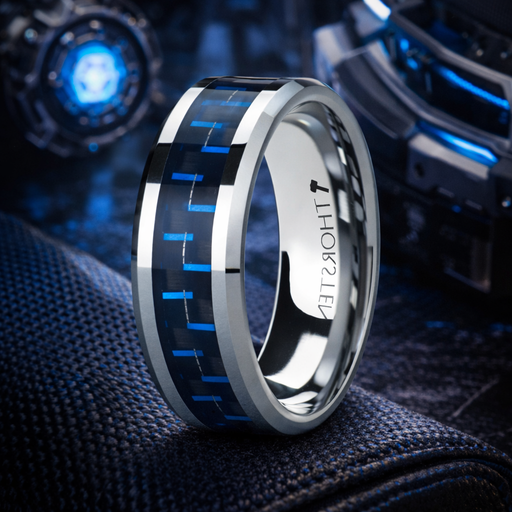 Auxilius Men's Black & Blue Carbon Fiber Inlay Tungsten Carbide Ring 8mm