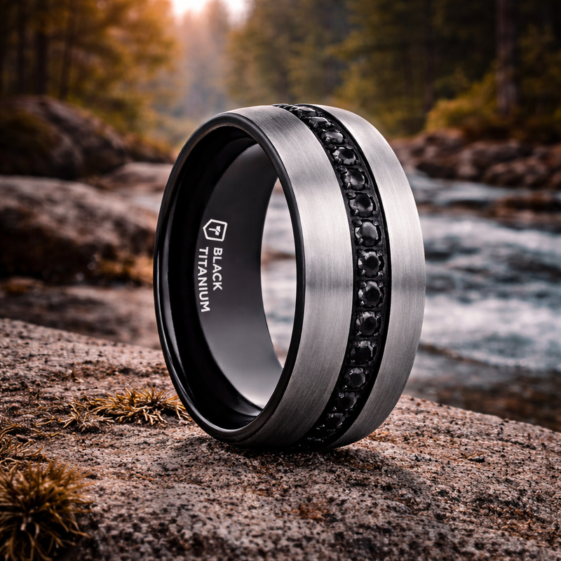 Aviator Domed Brushed Titanium Men's Band Black Sapphire Stones Inlay Ring 8mm