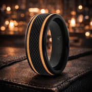 Baroque Black Titanium Diamond Pattern Finish with Gold Milgrain Grooves 8mm