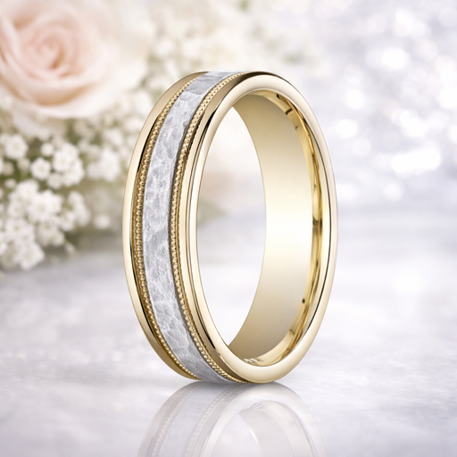 Baxter Two-Tone 14K Gold Wedding Band Hammered Center and Milgrain Edge 6mm