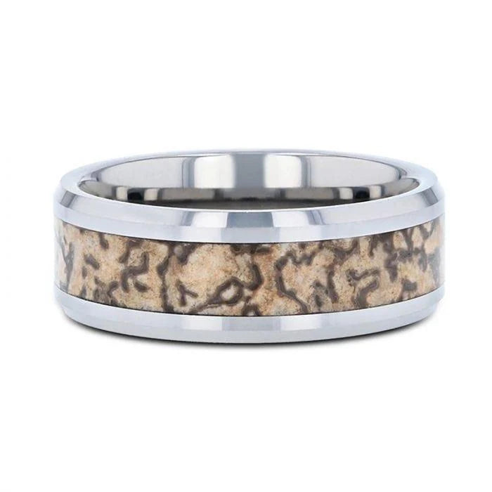 Ordovocian Dinosaur Bone Inlaid Tungsten Carbide Beveled Edged Ring 8mm